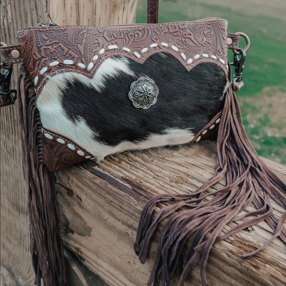 Embossed Leather and Cowhide Concho Fringe Crossbody Western Purse - Picture 2 of 5